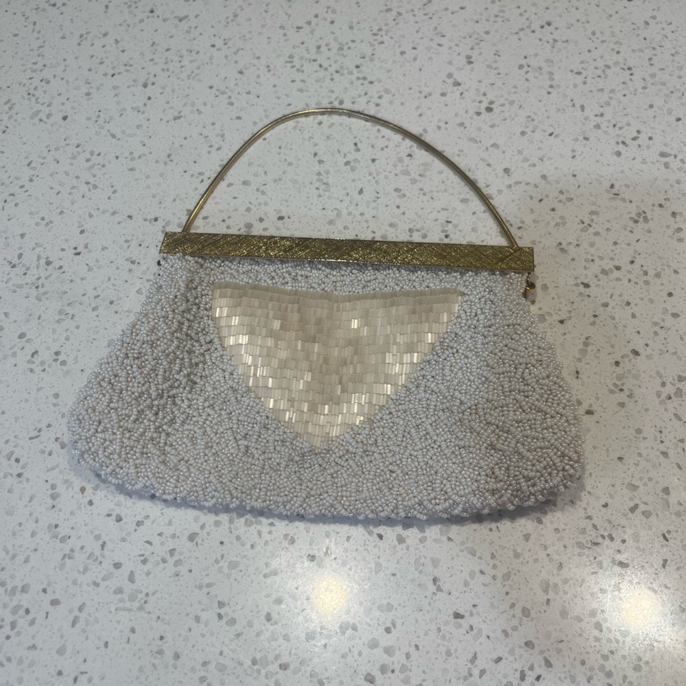 La Regale Elegant Beaded Evening Bag White with Gold Accents